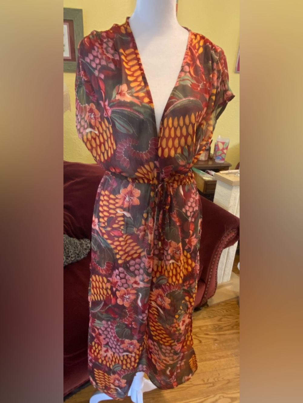 Floral Sheer Tie-Waist Maxi Dress in Multi-Color